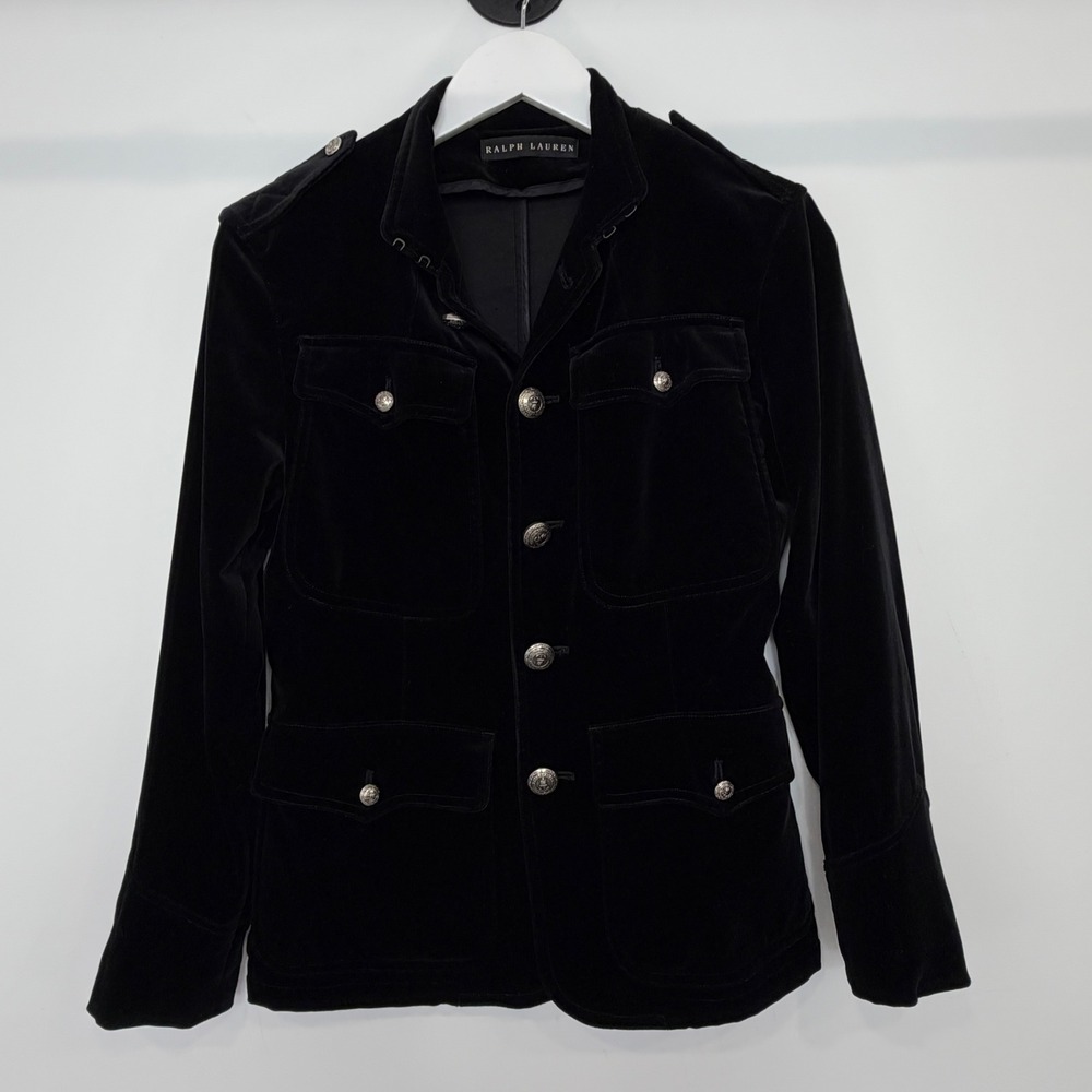 Ralph Lauren Black Velvet Military Equestrian Jacket 4 Silver Crest Button XS/S